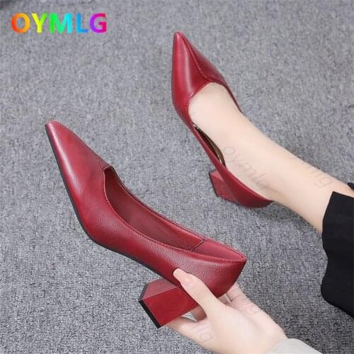 Fashion soft leather thick-heeled black high heels womens autumn new pointed toe mid-heel single shoes small heel work shoes
