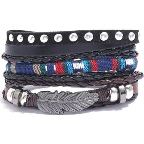 Fashion Ethnic Vintage Multilayer Feather Leather Bracelets Set Braided Rivets Charm Wristbands Bangle Wrap Unisex Punk Jewelry