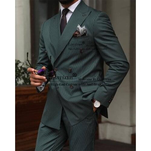 Dark Green Stripe Mens Tuxedos Double Breasted Groom Wear Wedding Pants Suits Business Prom Party Blazer Jacket(Jacket+Pants)