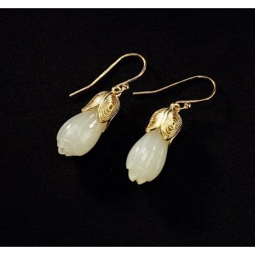 Natural retro mosaic 925sterling silver gilded gold-plated hetian jade jasper earrings long magnolia flower women jade earrings