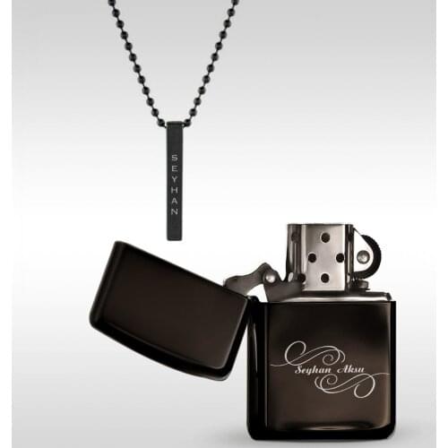 Personalized Black Gasoline Lighter and Rod Bar Necklace Set