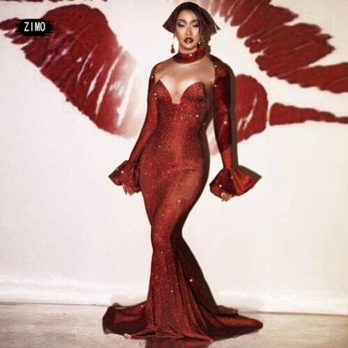 Red rhinestone long dress club party wedding birthday for women sexy Mermaid dress drag prom queen stage designer clothes singer