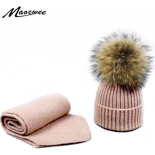Real Fur Pompon Hat Scarf 2 Pieces Sets For Kids And Adult Girl Winter Warm Knitted Solid Color Beanie Hat Cotton Hat Scarf Set