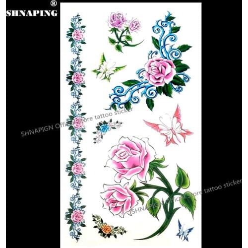 SHNAPIGN pink roses butterfly Temporary Tattoo Body Art Arm Flash Tattoo Stickers 17*10cm Waterproof Fake Henna Painless Sticker