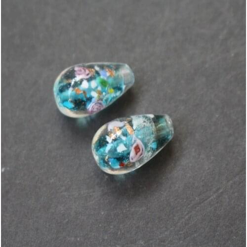 20Pieces/Lot 9mm*16mm Drop Shape Lampwork Glass Beads Flower With Inner Colorful Pieces Ocean Blue Color for jewelry making