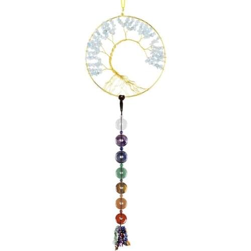TUMBEELLUWA Healing Crystal Tree of Life Hanging Ornament 7 Chakra Stones Peace Buckle Wind Chimes Decoration for Outdoor Indoor