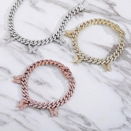 Hip Hop AAA CZ Stone Paved Bling Iced Out Butterflys Hang Cuban Curb Miami Link Chain Bracelets for Men Women Unisex Jewelry