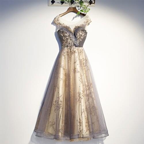 Evening Dress O-Neck Luxurious Sleeveless Lace Up Sequins Appliques A-Line Floor-Length Pleat Tulle Party Formal Gown Woman B384