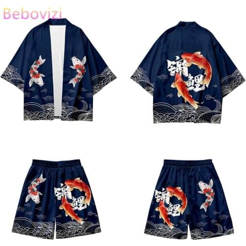 Vintage Carp Blue Kimono Shorts Sets Chinese Style Two-piece Suit Japan Cardigan Cosplay Yukata Harajuku Haori Asian Clothing