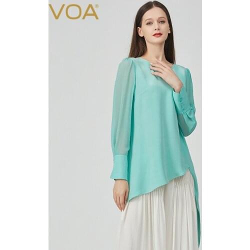VOA Autumn New Product Silk 30mme Heavy Green Round Neck Stitching Long-sleeved Buttons Distressed Craft T-shirt Female BE800