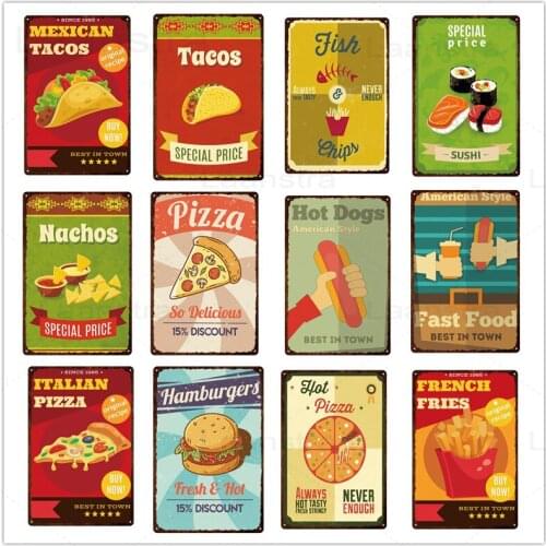 Fast Food Restaurant Iron Plate Food Pizza Sushi Special Metal Sign Retro Hamburger Tin Sign Room Decor Iron Plaque Poster Art