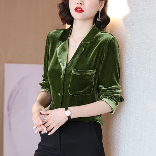 Gold Velvet Tops Women Long Sleeve Shirts Solid Color 2021 Spring Autumn Turndown Collar Office Ladies Shirt Basic Top Y737