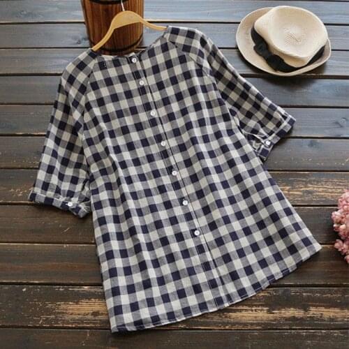 Women Ladies Half Sleeve Plaid Loose Blouse Pullover Button Tops Shirt