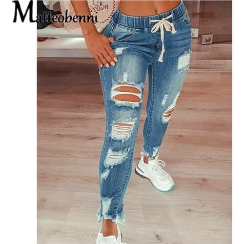 Women Ripped Hole Stretch Drawstring Hollow Out Denim Jeans 2021 Fashion Sexy Slim High Waist Ladies Plus Size Long Pencil Pants