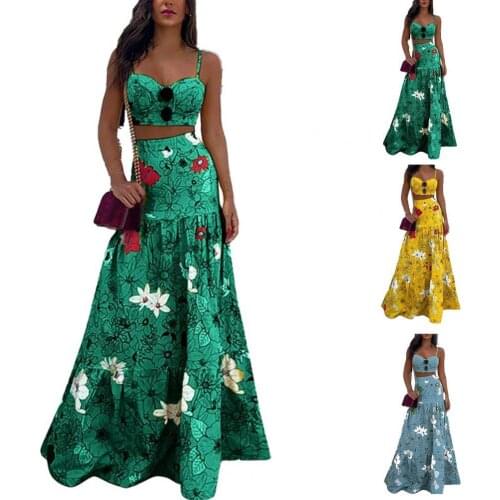 2021 Two Pieces Women Dress Set Elegant Floral Print Elastic High Waist Sexy Sling Top Two-Piece Sets Dress Beach Wear
