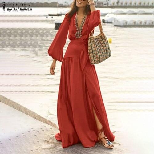 ZANZEA Summer Maxi Dress Womens Puff Sleeve Sundress Sexy High Split Vestidos Female Casual V Neck Belted Robe Femme Plus Size