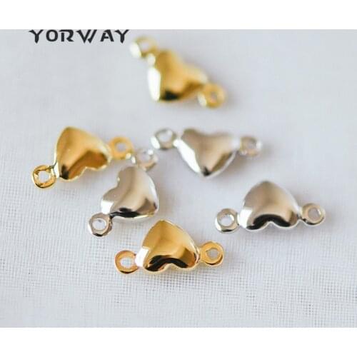 20pcs/Lot Gold /Silver Heart Connectors 10mm, Real Gold/ Rhodium Plated Brass Heart Charms with Two Loops (GB-235)