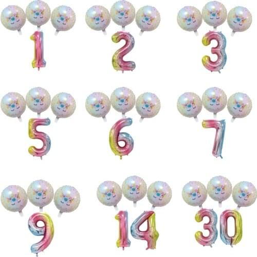 32inch Rainbow Number Foil Balloons with 3pcs 18inch Round Unicorn Helium balloon Birthday Party Decorations Kids Baby showers