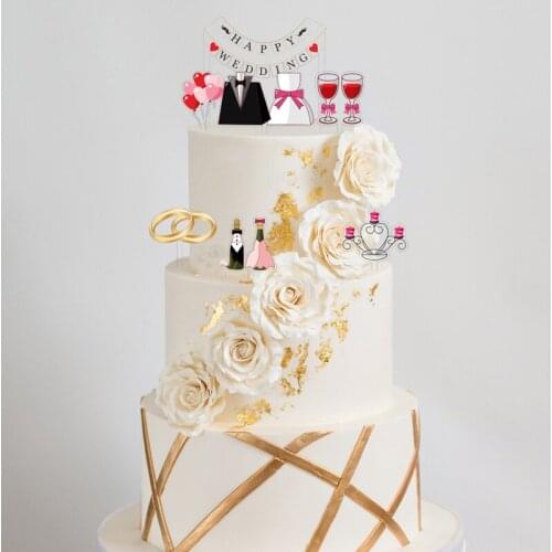 Ins 7pcs Happy Wedding Cake Topper Candlestick red wine ring acrylic wedding party Cupcake Toppers decorations Marry Cake gift