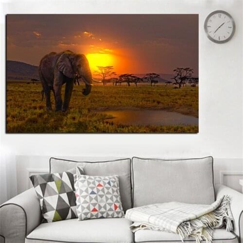 African Elephant Sunset Landscape Animal Oil Painting HD Print on Canvas Cuadros Modern Wall Canvas Art Picture for Living Room