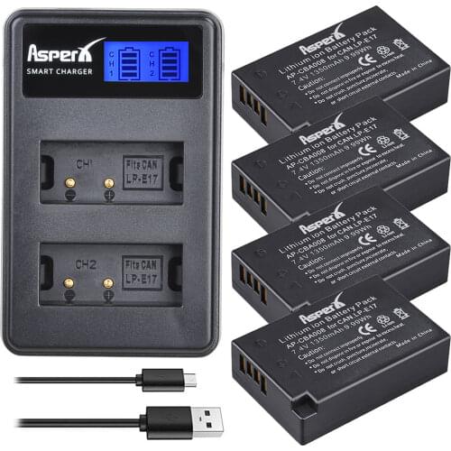 4Pcs LPE17 LP E17 LP-E17 Batteries + LCD USB Dual Charger for Canon EOS 200D 750D 760D 800D 8000D M3 M6 T6i T6s Kiss X8i Cameras