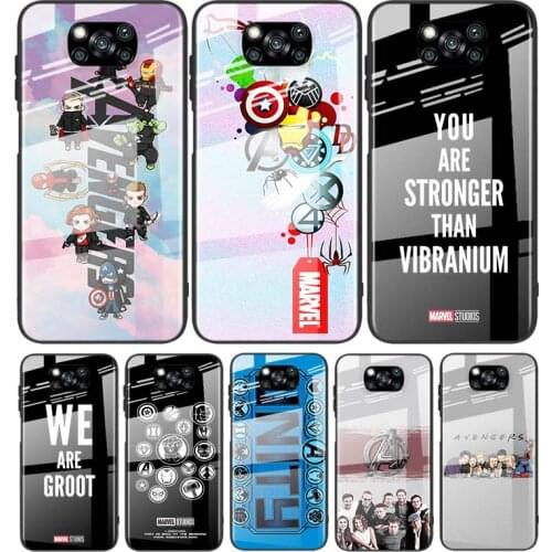 Tempered Glass Cover Luxury Marvel Avengers cute text logo For Xiaomi POCO F3 F2 X3 NFC X2 M2 Pro Shockproof Shell Phone Case