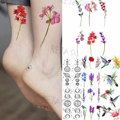 Colored Lavender Fashion Temporary Tattoos For Women Girl Universe Planet Moon Hummingbird Fake Tattoo Body Art Waterproof Tatoo