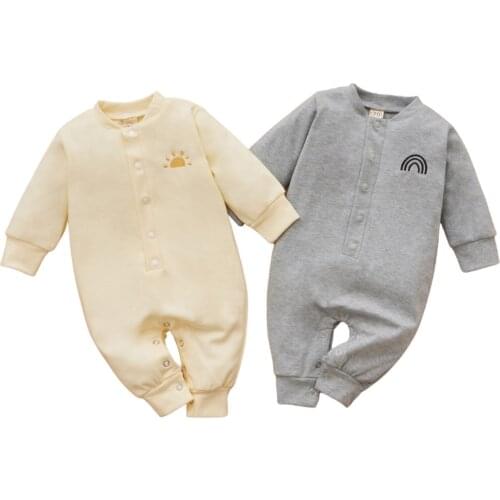 FOCUSNORM 2 Color Newborn Baby Girls Boys Jumpsuits Long Sleeve Single-breasted Button Rainbow Printed Ribbed Solid Color Romper