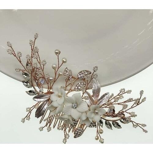 Rose gold Porcelain Flower Bridal Hair Comb Accessories Handmade Women Headpiece Wedding Party Prom Jewelry