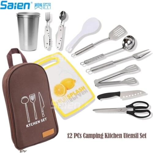 Camp Kitchen Utensil Organizer Travel Set Portable BBQ Camping Cookware Utensils Travel Kit Rice Paddle|Tongs|Scissors|Knife