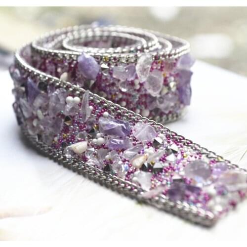100CM Length Purple Trim Patch Crystal AB Strass Hot Fix Rhinestone Tape Applicator Ribbon Iron On Appliques For Wedding Dresses