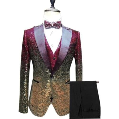 New 3 Pieces Burgundy Shiny Sequin Mens Suit Slim Fit One Button Peak Lapel Tuxedo For Party Wedding Banquet (Blazer+Vest+Pant)