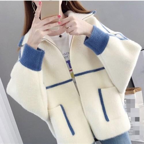 Winter Faux Mink Fur Womens Coat Turn-Down Collar Long Sleeve Cardigan Knitted Pockets Zipper Loose Thick Fashion Casual Coat
