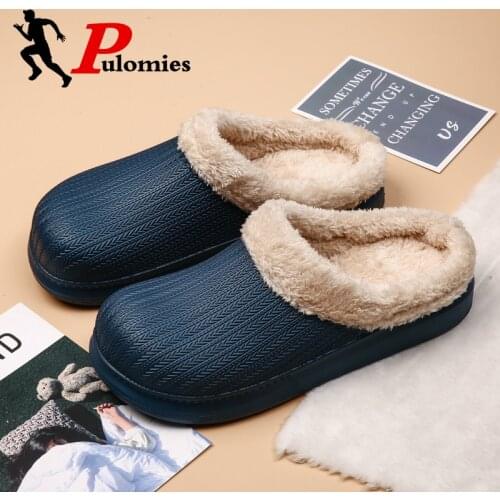 PULOMIES Winter Men Women Slippers Waterproof Indoor Warm Plush Fur Furry Slippers Casual Loafers Platform Couple Slippers Shoes