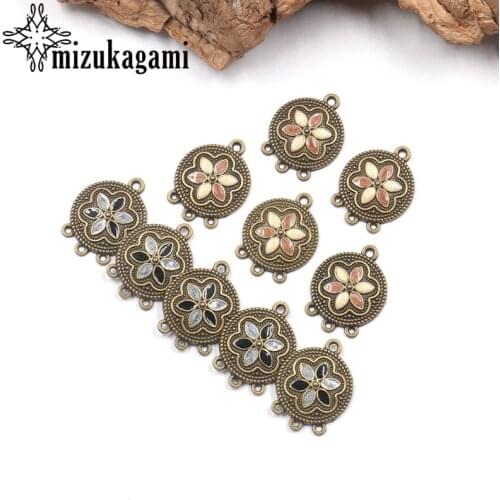 Retro Bronze Zinc Alloy Linker Connector Enamel Flowers Charms Tassel Loop 6pcs For DIY Necklaces Accessories Free Shipping