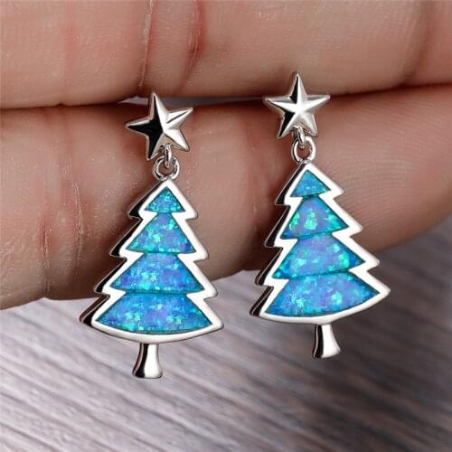 Dainty Christmas Tree Blue Opal Earrings Cute Star Stud Earrings For Women Wedding Jewelry Vintage Fashion Silver Color Earrings