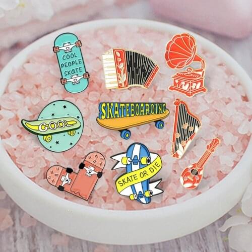 Skateboard Vintage Instrument Enamel Pin COOL Skate or Die Skate Phonograph Accordion Harp Brooch Shirt Lapel Bag Badge Jewelry