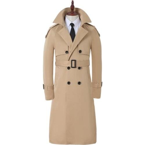 Mens trench coats man spring and autumn england long coat men double breasted clothes slim fit overcoat long sleeve khaki brown