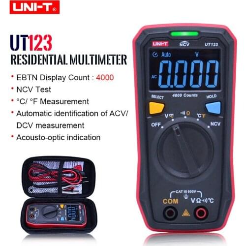 UNI-T UT123 Digital Multimeter Pocket Size Residential Multimeter AC DC Voltage Resistor Temperature NCV Tester EBTN Display