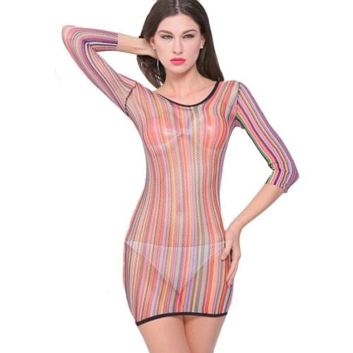 2017 Stripe Rainbow Color Babydoll Women Hot Sexy Fishnet Mesh Nightdress See-through Flexible Lingerie Long Sleeve Sleepwear
