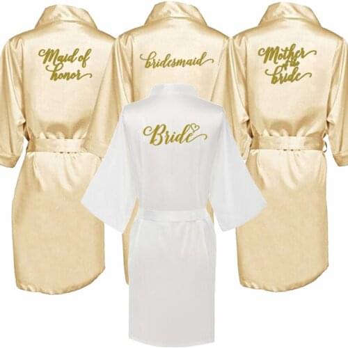 Champagne gold robe with gold writing bridal shower party mother of the groom robe bride women cape satin robes