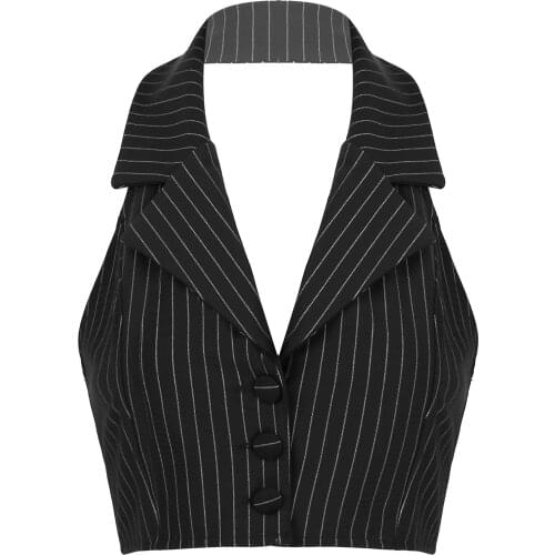 Womens Stripe Vests Elegant OL Waistcoat Suit Vest Halter Neck V-Neck Business Formal Work Wear Mujer Office Ladies Crop Tops