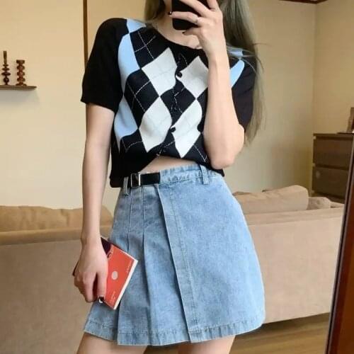 New Summer Short Sleeve Argyle Cardigan Women Casual Single Button Knitted Sweater Blusa De Frio Feminin Pull Femme Mujer