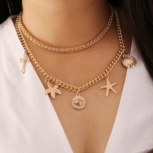 Women Necklace Choker Starfish Coin Double Fayered Necklace Chain Gold Color Collares Fashion Girl Party Gift Jewelry