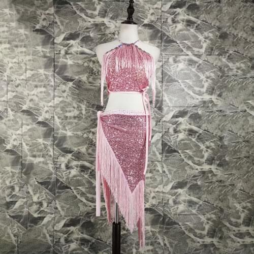 2021 Latin Dance Dresses For Women Black Lace Club Party Dancer Singer Entertainer Fringe Tassel Black Dress belly dance set