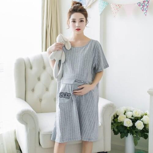3XL 4XL Summer Striped Grey Cotton Maternity Nursing Nightdress Sleepwear Clothes for Pregnant Women Pregnancy Nightwear Home