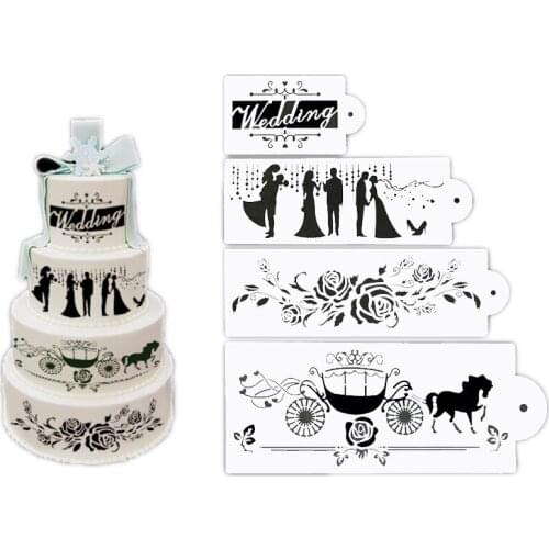 4Pcs Coffee Spray Stencil Mold Set Wedding Cake Stencil Fondant Cake Mould Decorating Bakery Tools DIY Printing Spray Template