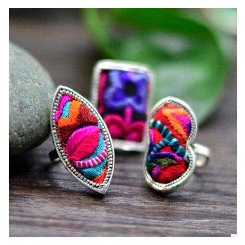 5PC National style Embroidery rings Miao silver plated ethnic cotton jewelry creative personality fashion colorful ring