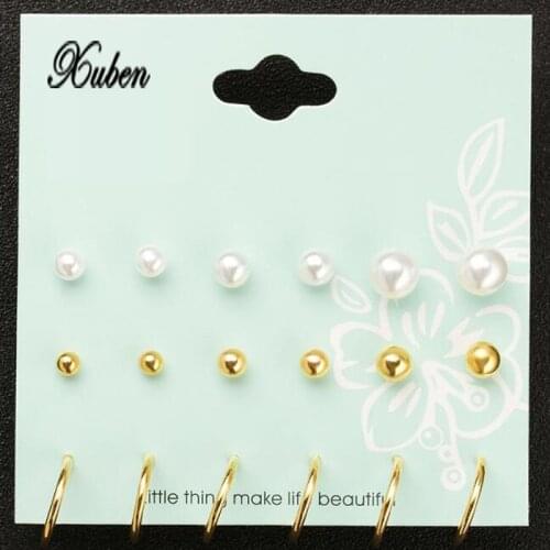 9 Pairs/card Vintage Gold Color Simulated Pearl Stud Earrings For Women Men boho Brincos Clip Cuff Earring Set U style