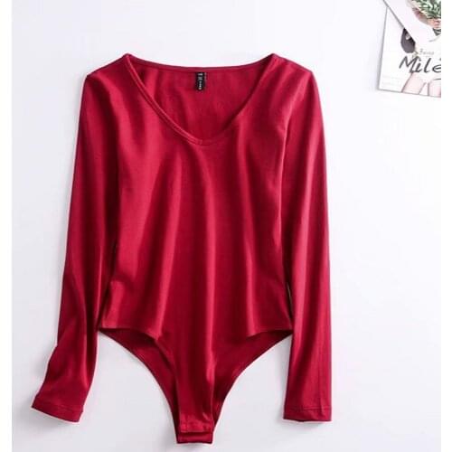 AECU Women V Neck Slim Rompers Casual Long Sleeve Summer Bodysuit Sexy Bodycon Womens Jumpsuit Basic Bodysuits Female Body